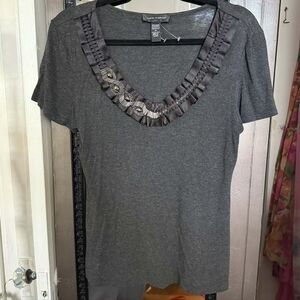 Cable & Gauge Gray Blouse with Embellished Neckline